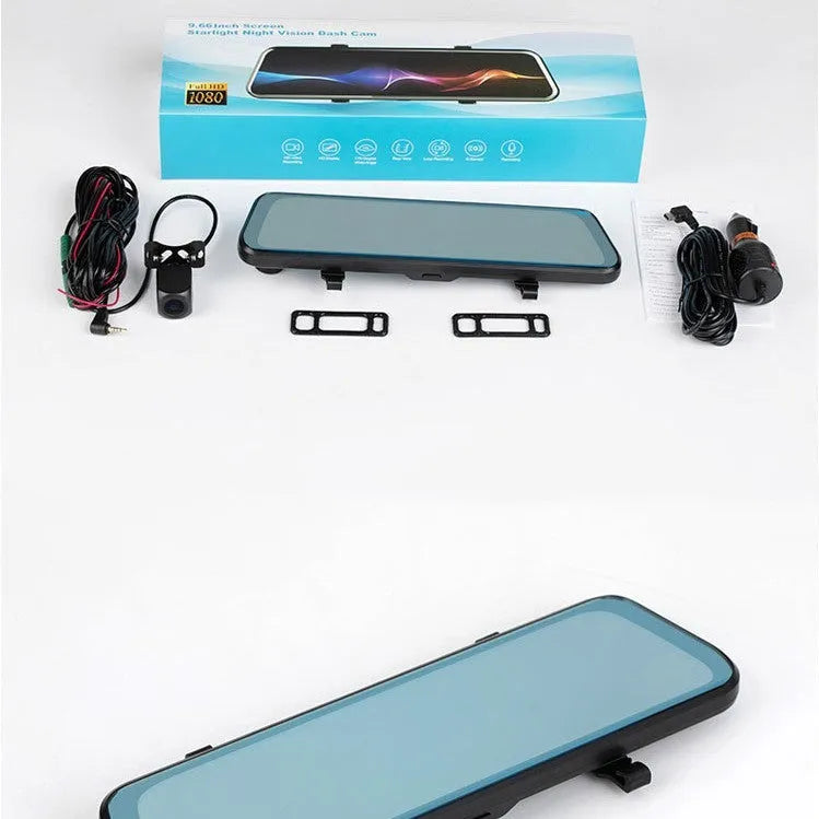 10-inch full screen car dash camera with front and rear lenses on a touch screen display.