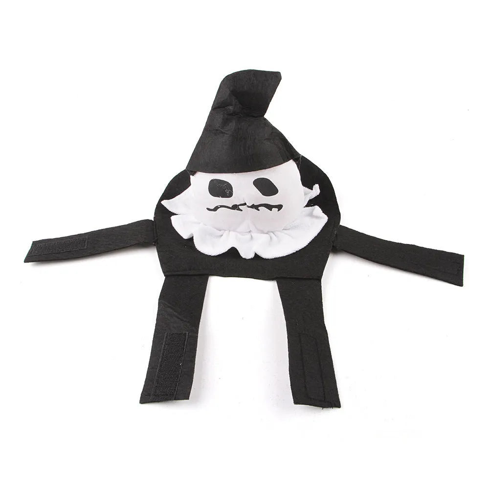 Orange and white Halloween dog costume depicting a pumpkin ghost on a small dog.