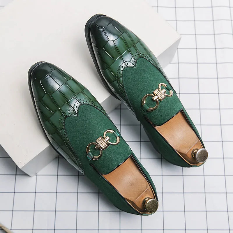 Men's black pointed toe leather casual shoes with low top and stitching detail.