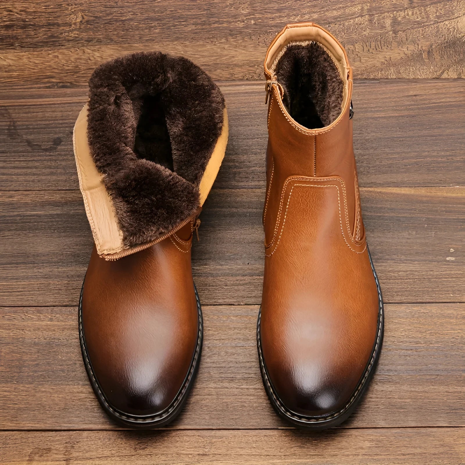 Faux fur dress boots with zipper, ultra high heel, carved wing pattern, light brown colour