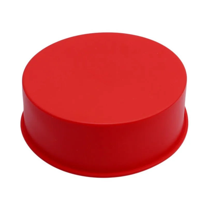 Red silicone round cake mould baking tray showing three sizes: 4 inch, 6 inch, and 8 inch diameters