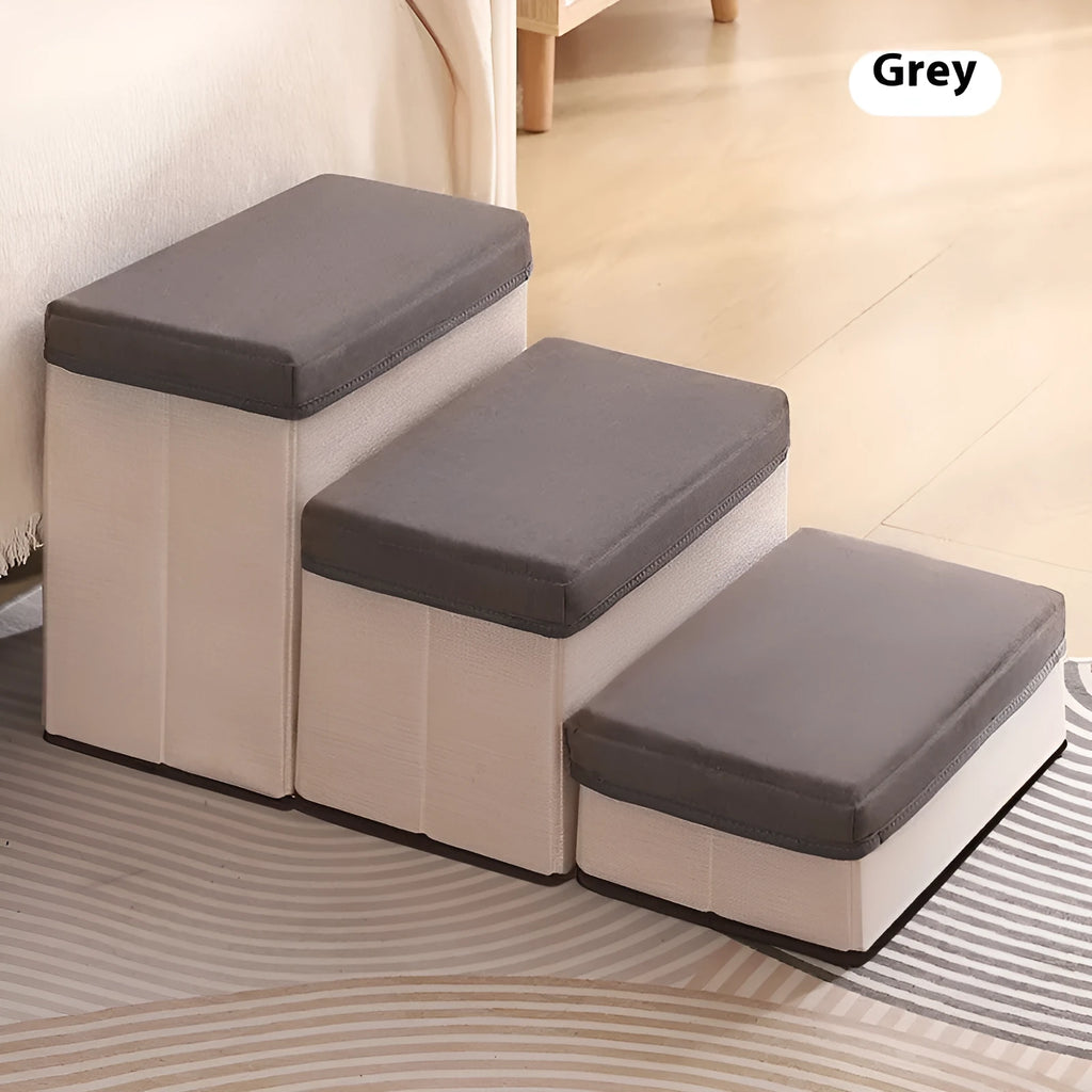 Foldable third-level pet stairs ladder with non-slip steps in brown cloth material