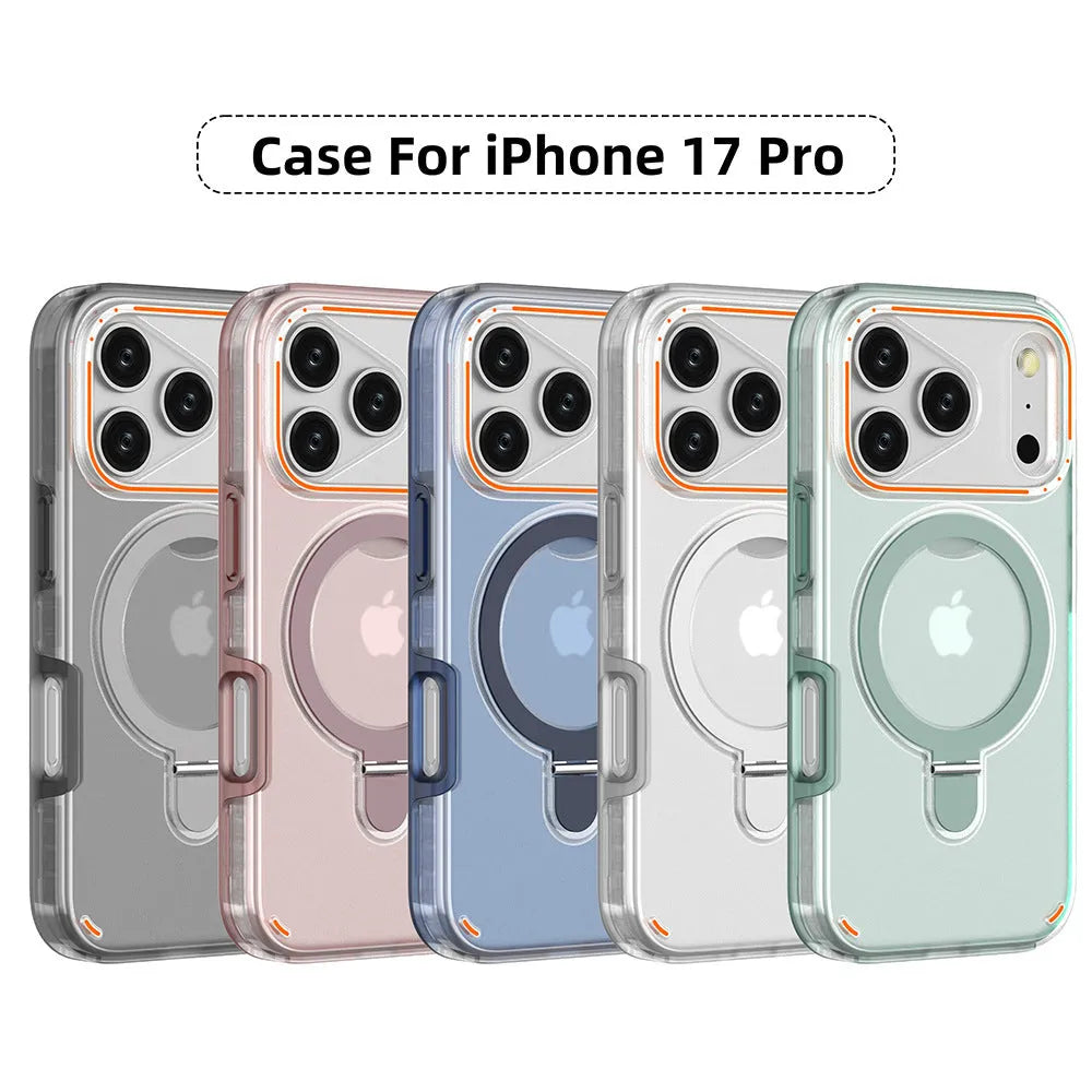 Magnetic phone case for iPhone 17 series with anti-fingerprint back in transparent black, mounted on a vehicle navigation holder.