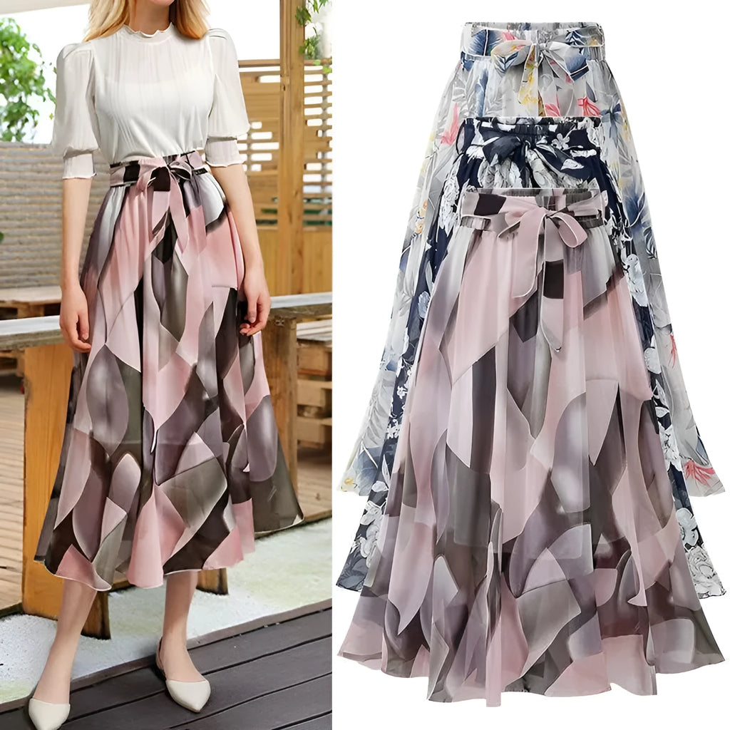 Women's high waist chiffon A-line skirt in navy, pink, or white, sizes M to 4XL, polyester colour-block design.