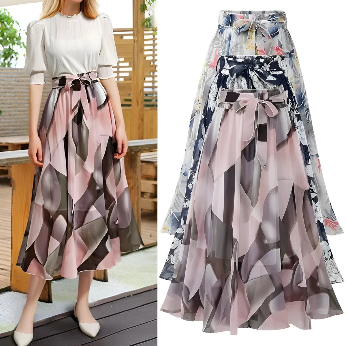 Women's high waist chiffon A-line skirt in navy, pink, or white, sizes M to 4XL, polyester colour-block design.