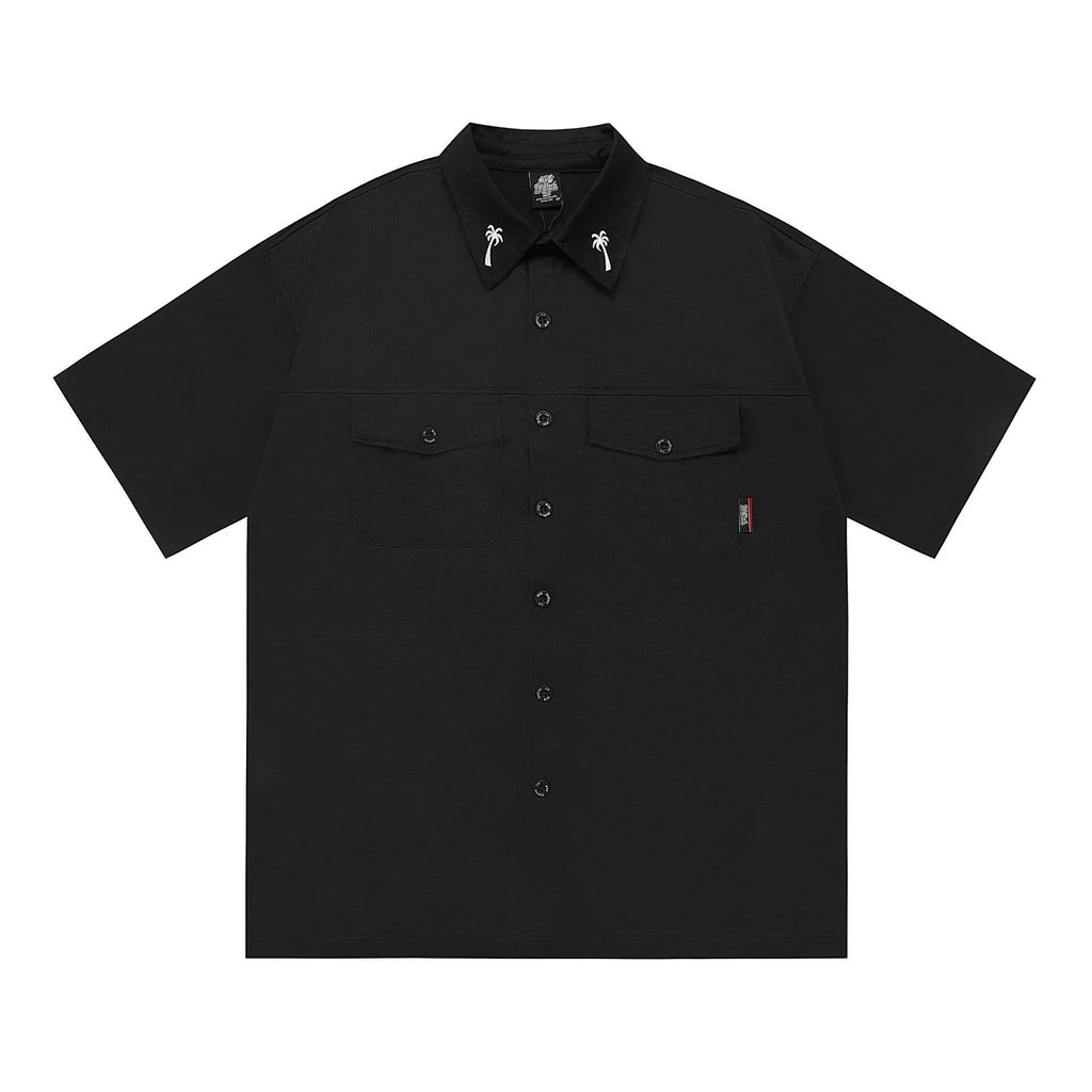Men's black cotton blend work shirt with embroidery and pocket, loose fit plus size half sleeve design