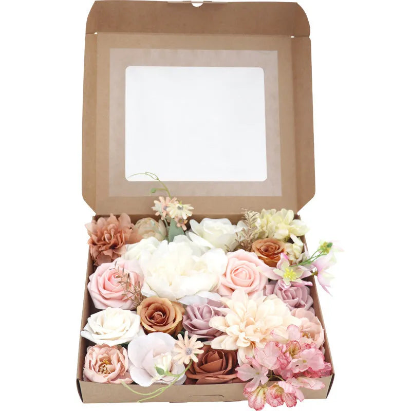 Lotus Pink Champagne Rose silk flower box half-handmade arrangement in decorative box