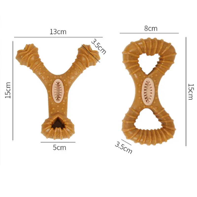 Durable rubber dog chew bone toy in Y-shape and 8-shape designs for teeth cleaning.