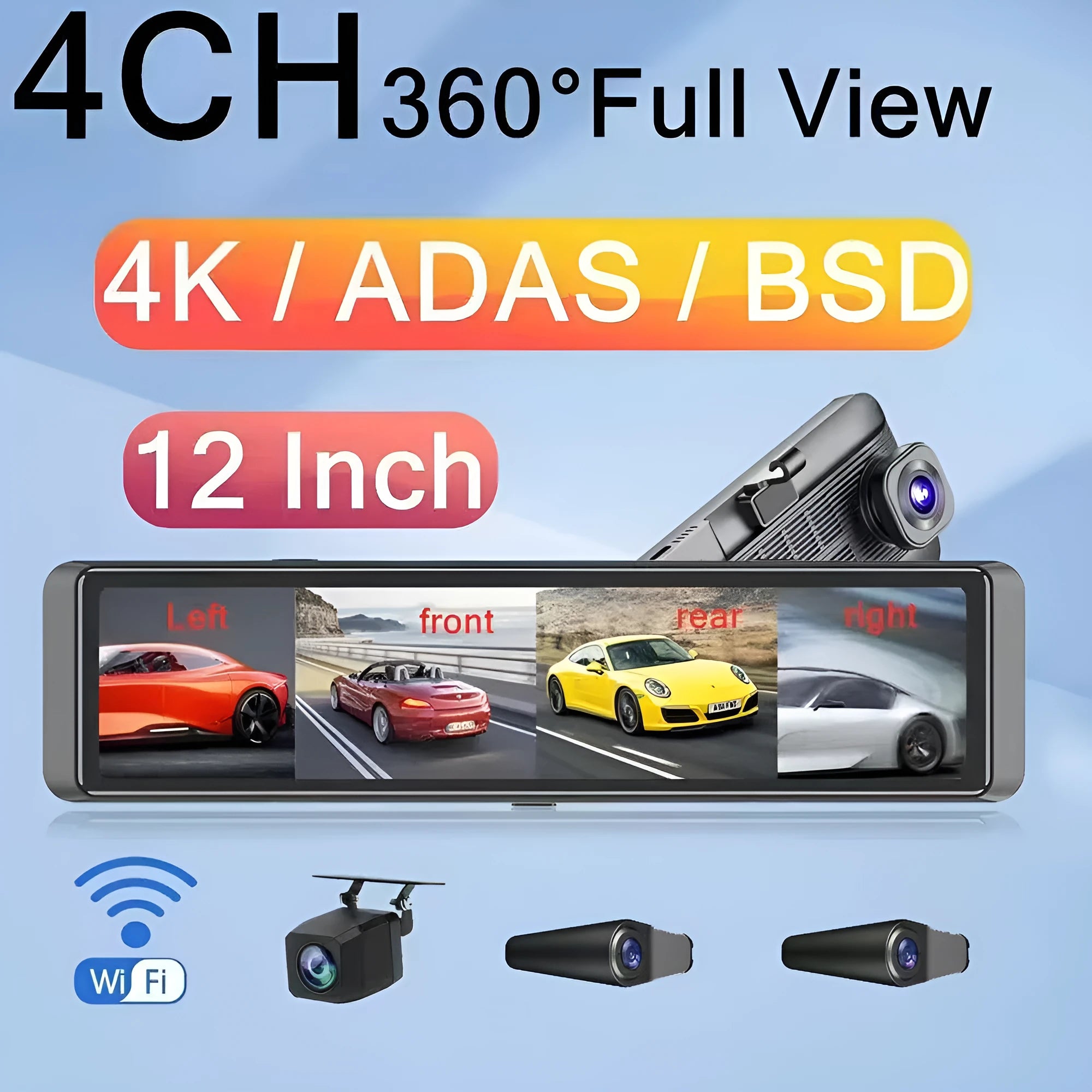 12-inch black 4K streaming rearview mirror with 360-degree blind zone warning and touch screen
