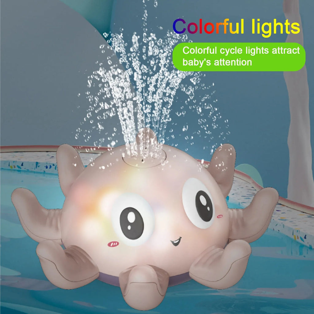 Blue and pink automatic spray octopus bath toy with flashing lights next to its colour box packaging.