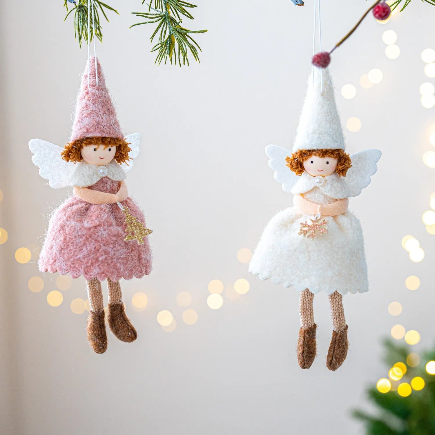 Christmas angel felt skirt pendant in white or pink with plush cloth construction