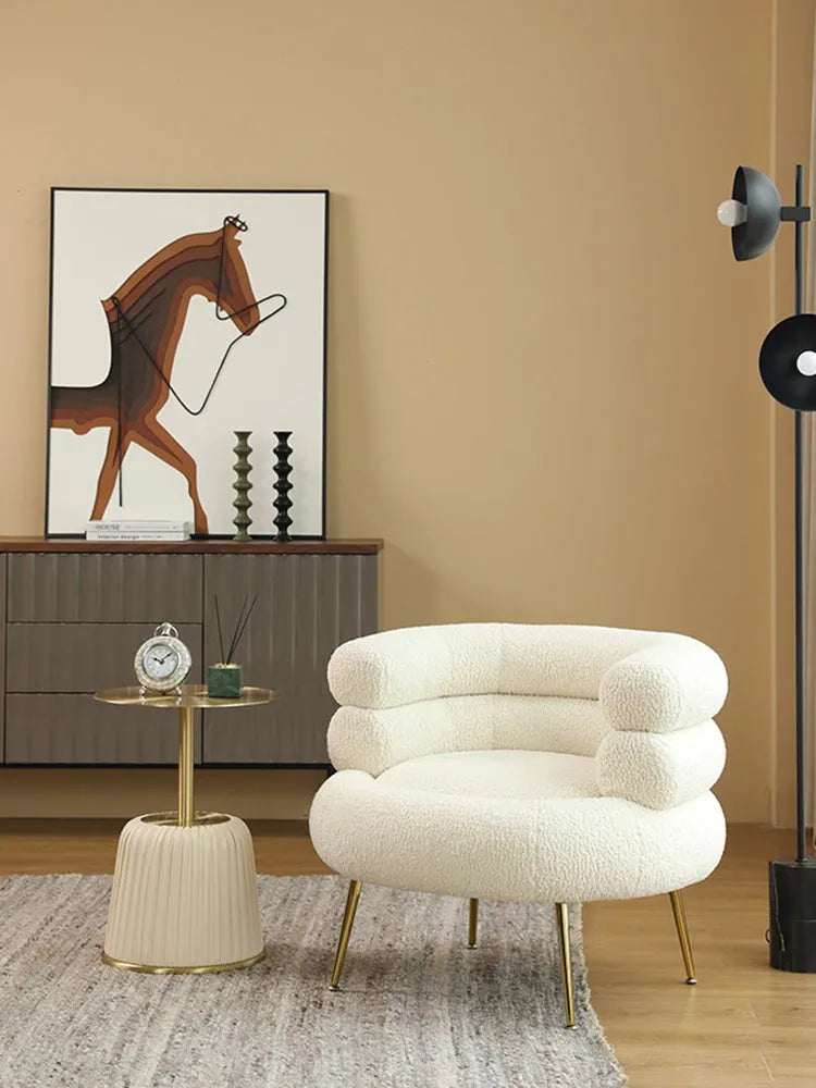 Nordic light luxury hot dog sofa chair in white cloth upholstery with art pattern, suitable for balcony or dressing room
