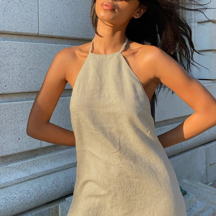 Women's summer cotton linen dress solid colour A-line dress front view