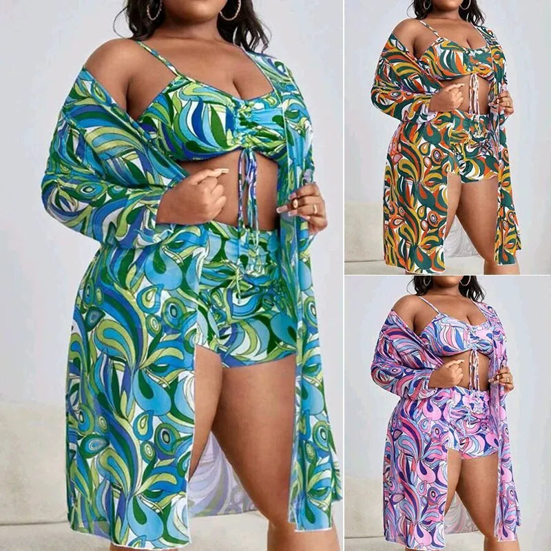 Women's floral patterned bikini three-piece set with cardigan in extended sizes