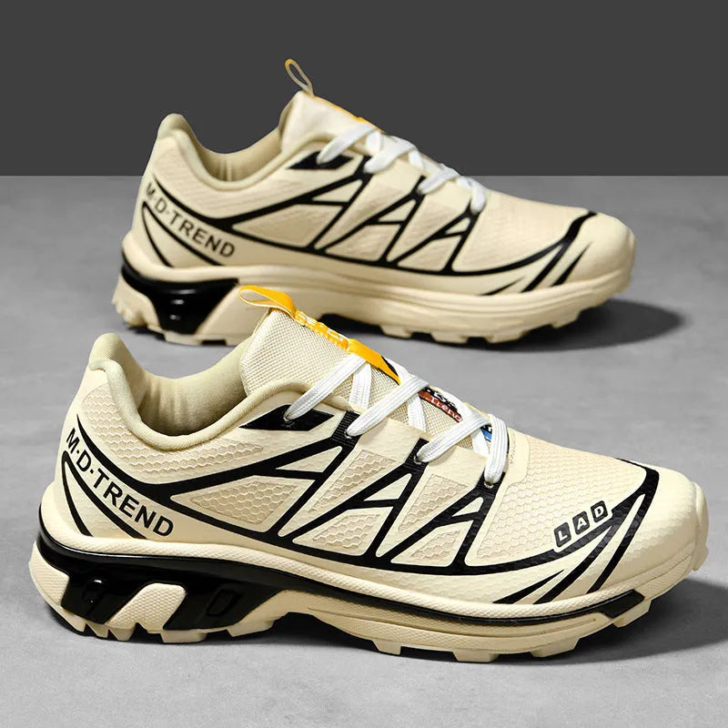 Low-top lace-up hiking shoes in khaki colour with round toe and rubber sole for casual outdoor wear.