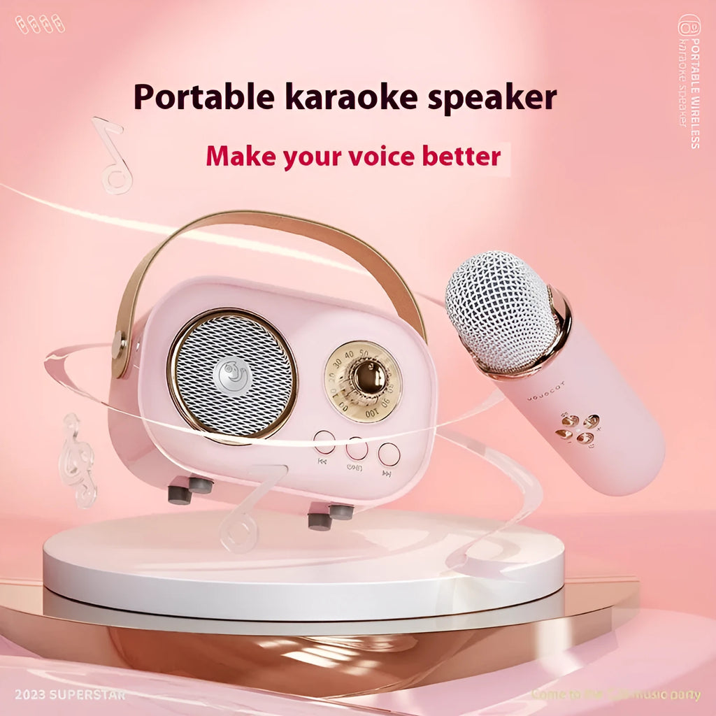 Portable Bluetooth speaker with wireless microphone in white, speaker dimensions 115x60x75mm