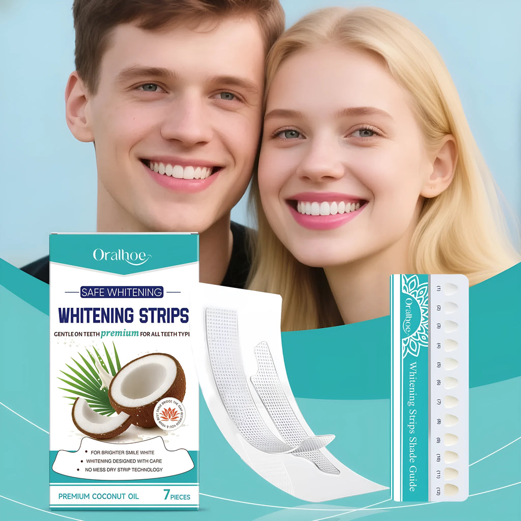 ORALHOE teeth whitening strips set with colorimetric card in a white and blue pack