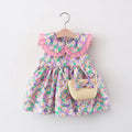 Baby girl summer dress with cotton lining, lace trim, and flower print, available in green, pink, yellow, suitable heights 73-100cm