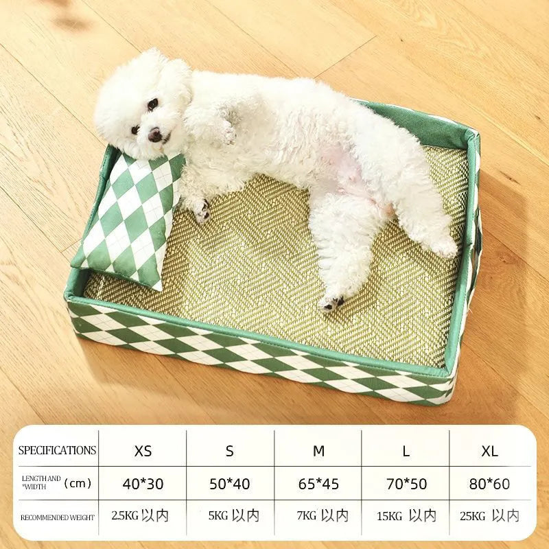 Blue rattan woven cat litter mat and cooling bed for pets on a wooden floor.