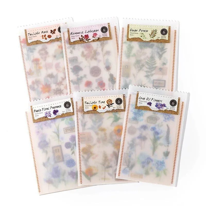 Huazhisen series sticker material pack showing forest-themed designs on cotton linen sheets with transfer paper backing