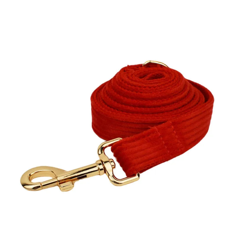 Corduroy dog collar and matching accessories including leash, vest, bow tie, and poop bag holder