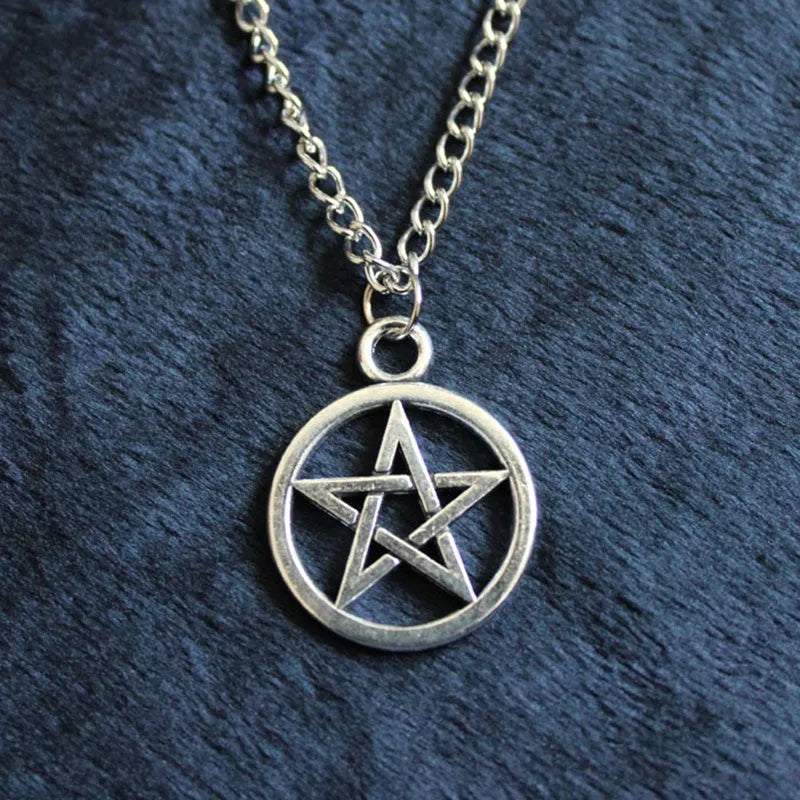 Vintage pentagram pendant necklace on alloy adjustable chain, bronze colour