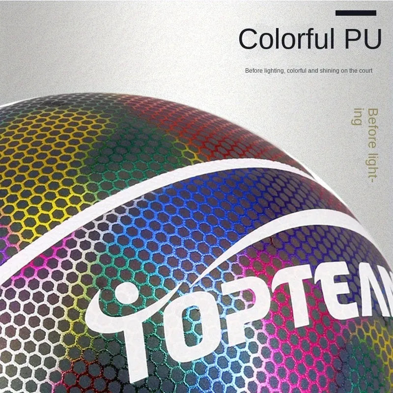 Holographic luminous reflective basketball size 7 with fluorescent design on PU surface