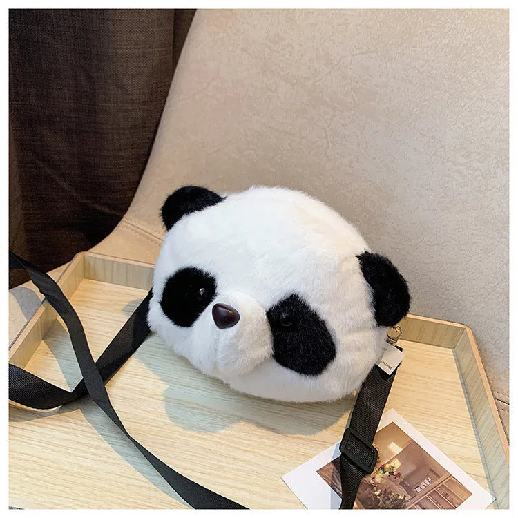Soft plush Panda Head design cylindrical crossbody bag showing front view and pocket.