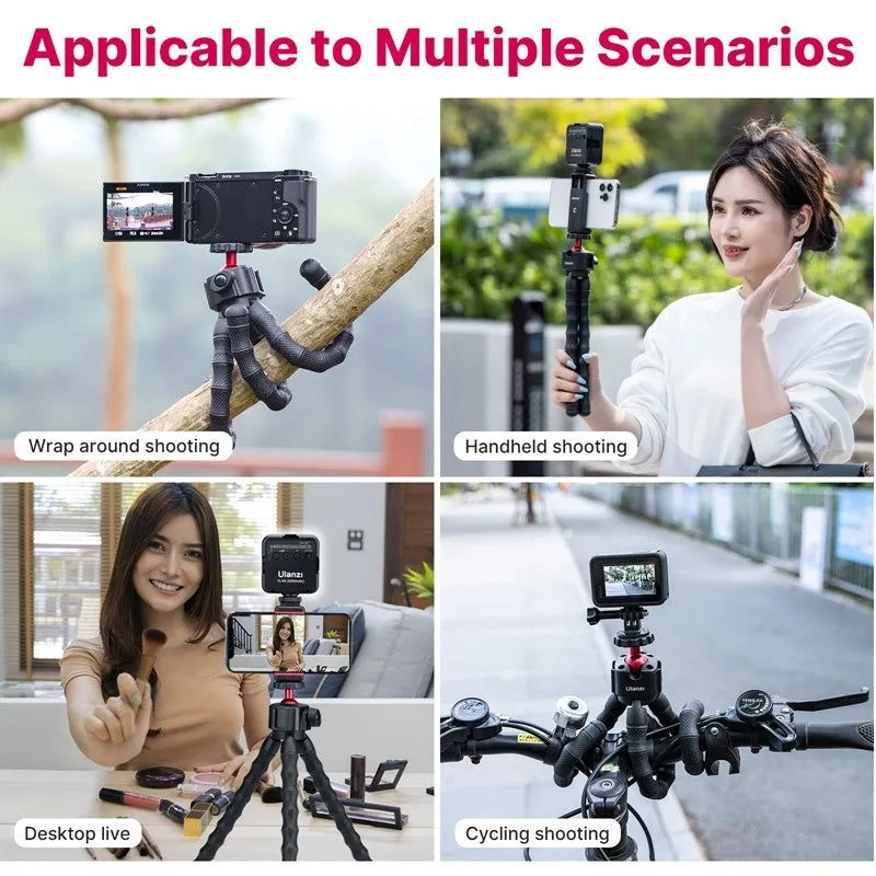 Silver aluminium tripod stand extended for camera or smartphone vlogging.