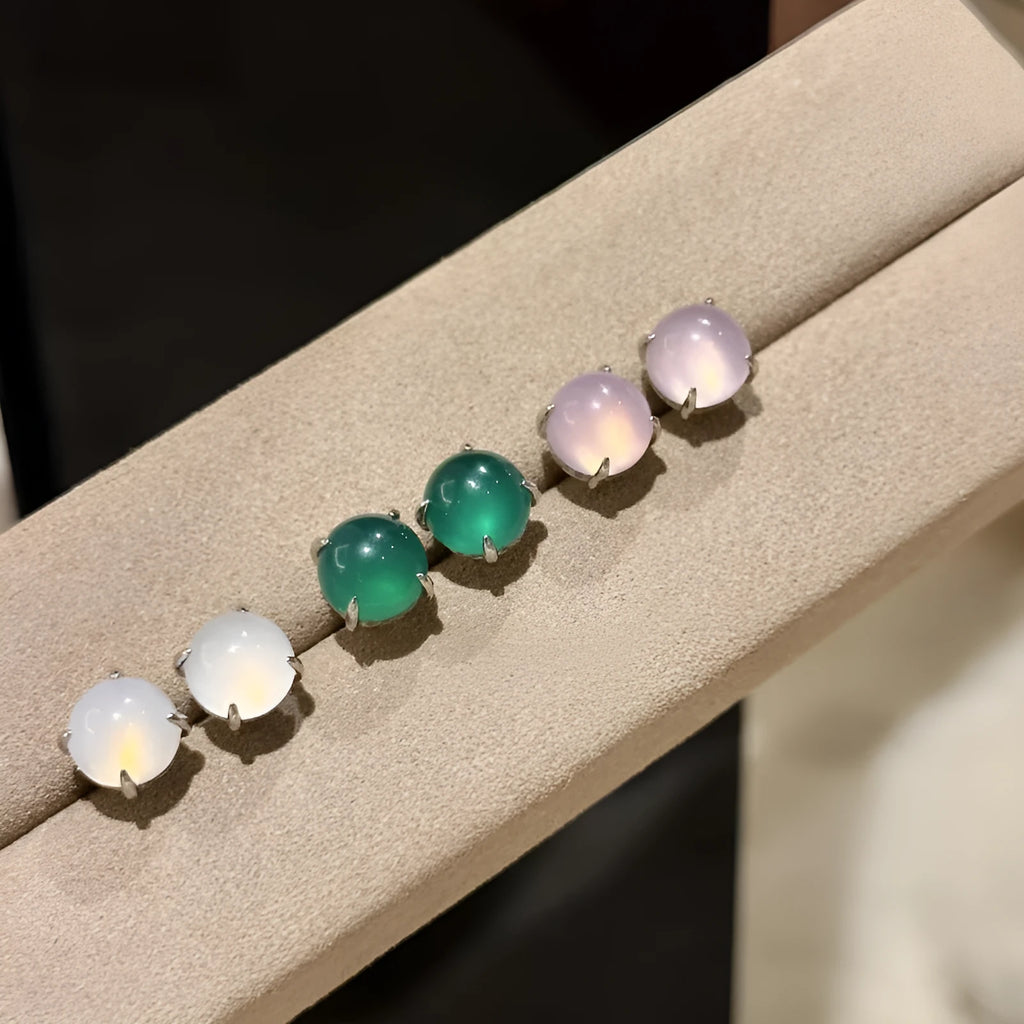 Chinese style round egg surface chalcedony earrings with geometric design and copper four claw setting