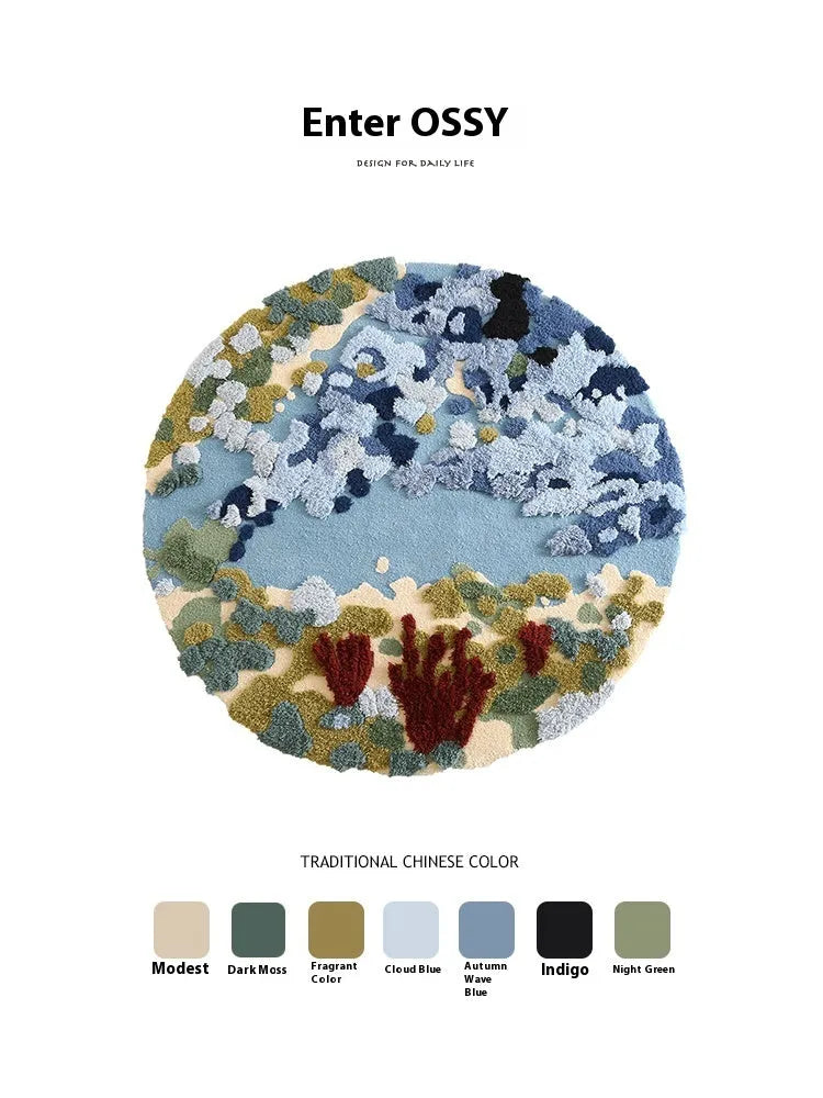Handmade acrylic round carpet Ocean Secret Realm design on living room floor