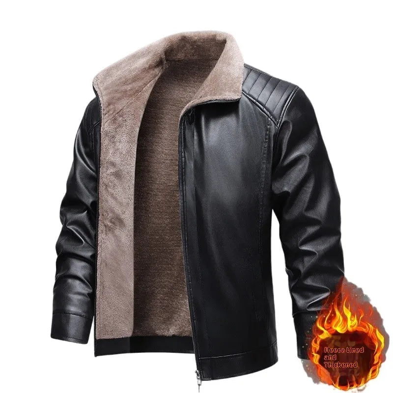 Fleece-lined thickened PU leather men's jacket in black, available in sizes M to 3XL