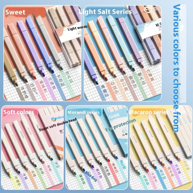 Set of double-ended fluorescent highlighting pens in mixed colours on a white background.