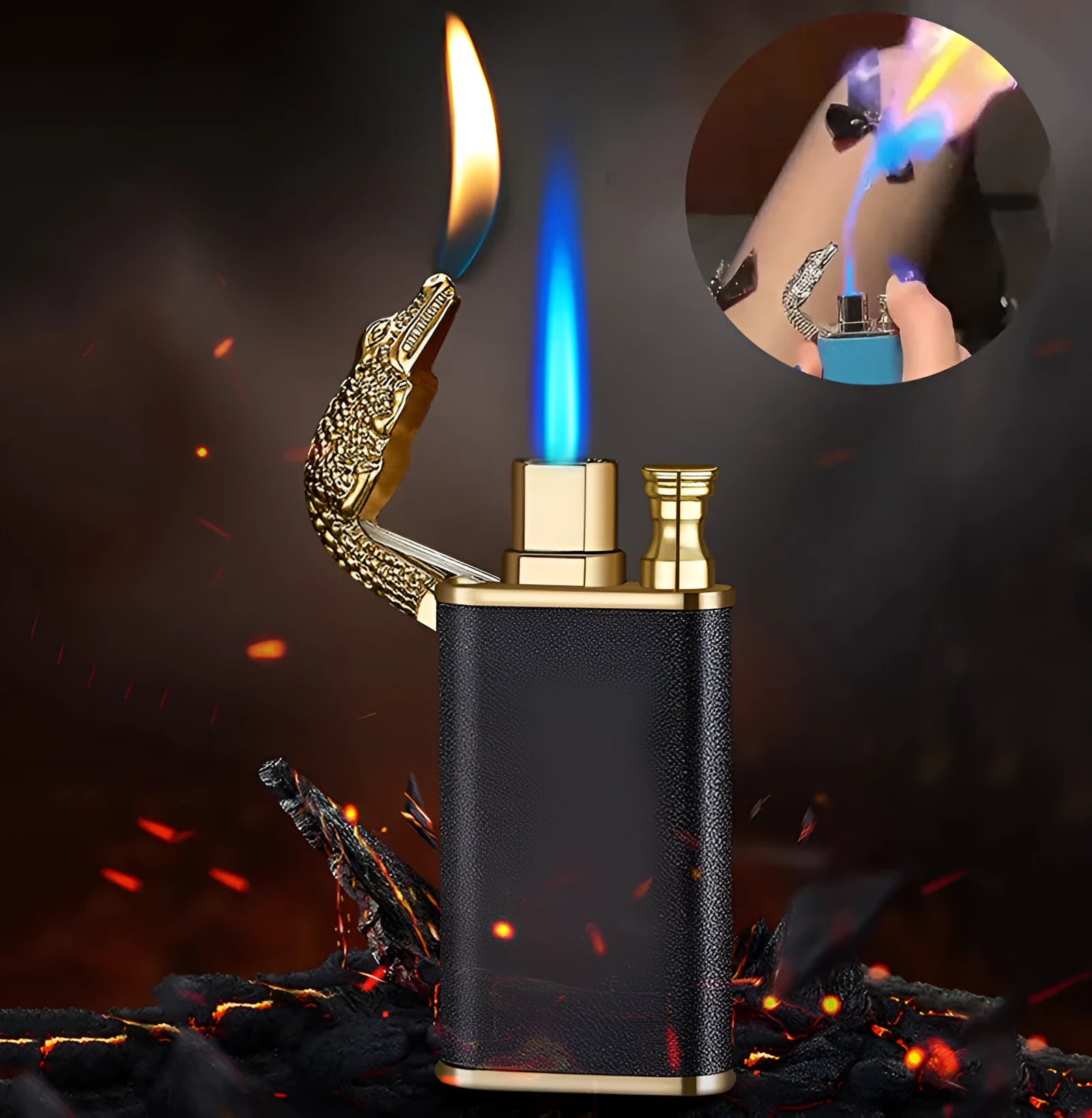 Metal windproof lighter with dragon sculpture and double blue flame
