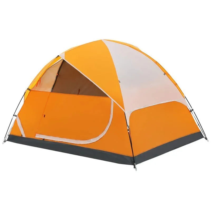 Orange portable camping tent for 2 persons set up outdoors with fibreglass poles and 190T B3 grid fabric
