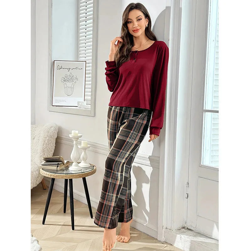 Milk silk plaid button pullover top and trousers set for women in brown and wine red colours
