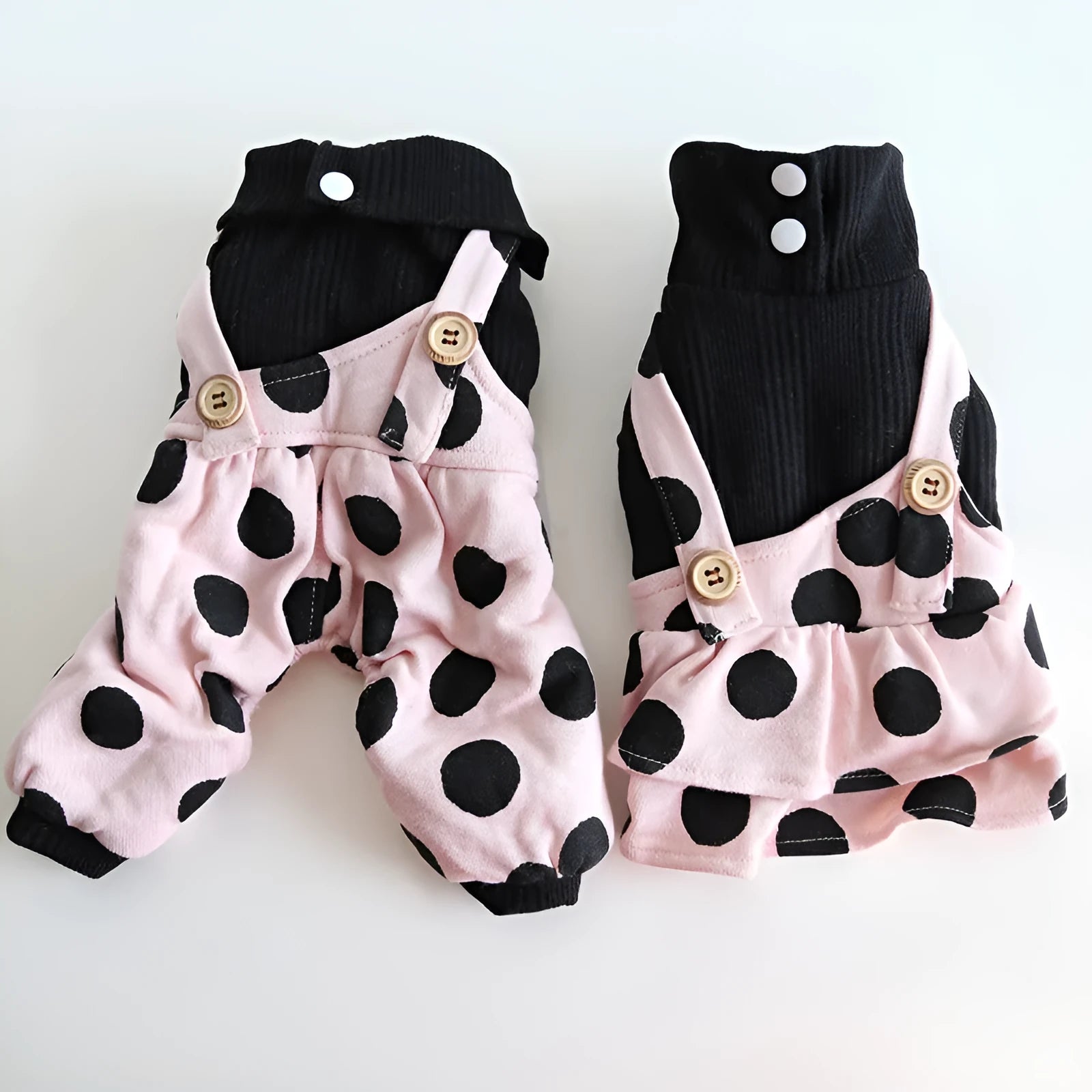 Dog clothes couple set with lapel shoulder straps in cloth material showing four-legged and skirt style options
