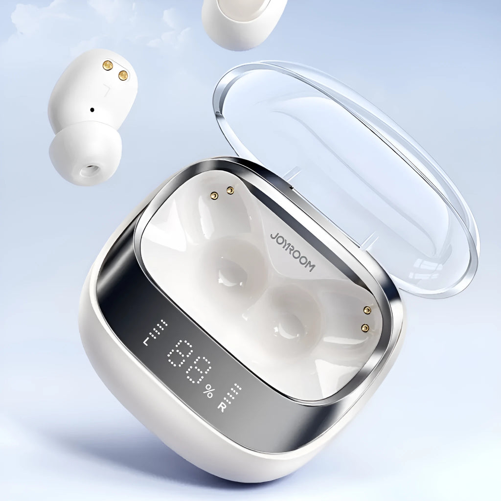Beige wireless in-ear Bluetooth headphones with charging case on a table, showing USB Type-C port.