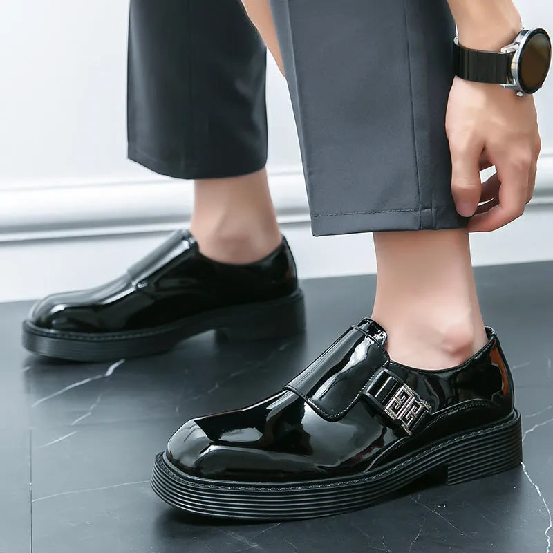 Men's glossy black platform loafers with hidden low heel