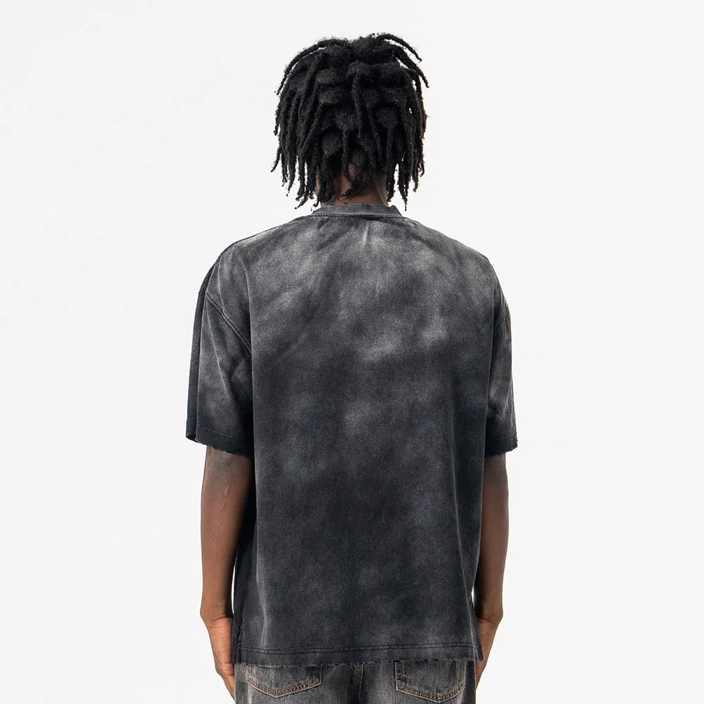 Black men's loose fit cotton t-shirt with printed letter pattern and drop shoulder sleeves