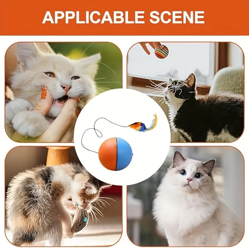Grey and orange interactive cat toy ball with attached plush mouse and feather tail.