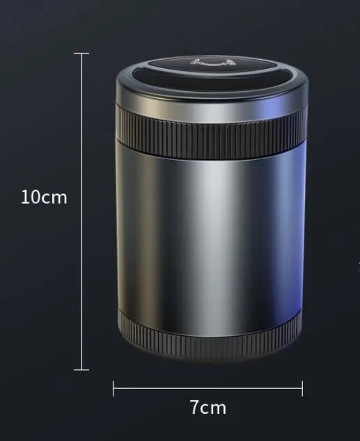 Automatic sensing vehicle ashtray with USB port in grey, black, red, or blue.