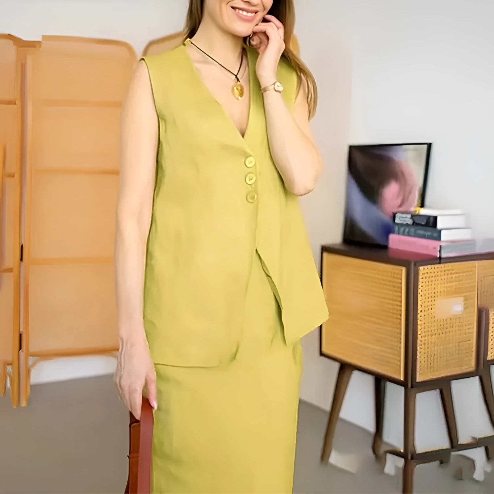 A woman modelling a blue sleeveless vest and matching long skirt from a casual two-piece suit.
