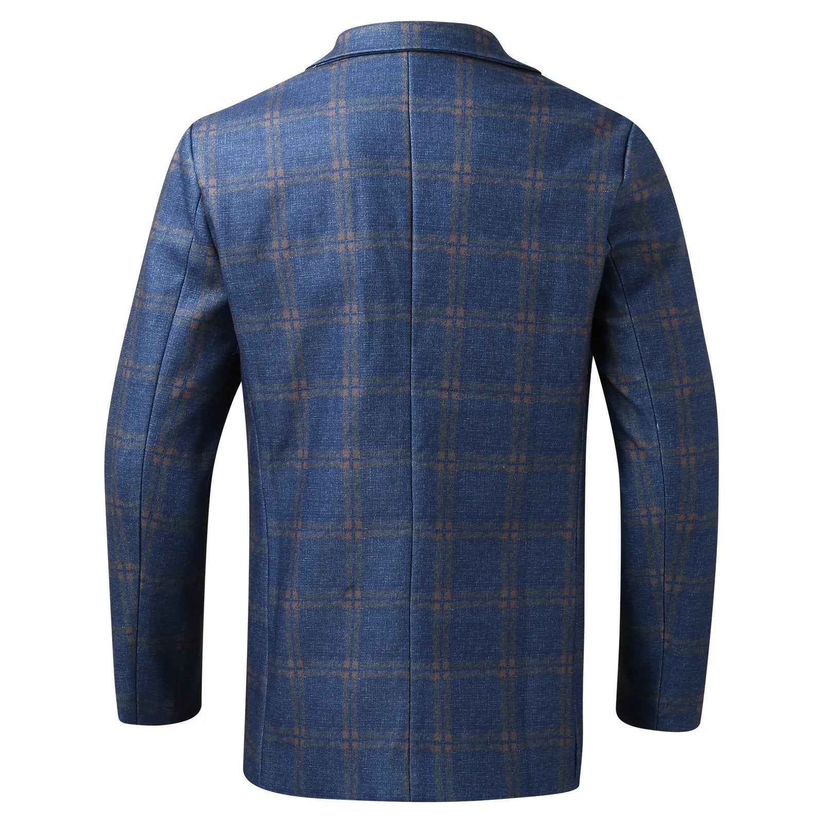 Men's slim fit plaid suit coat in blue plaid with lapel collar and long sleeves for business wear