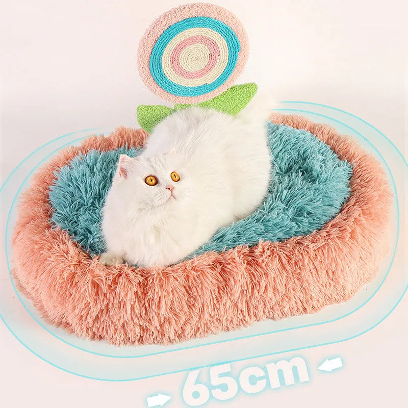 Pink elliptical plush cat bed with removable cover for winter warmth