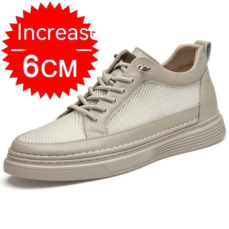 Men's round toe elevator shoes in black with 6cm hidden height increase, two-layer cowhide upper and rubber sole