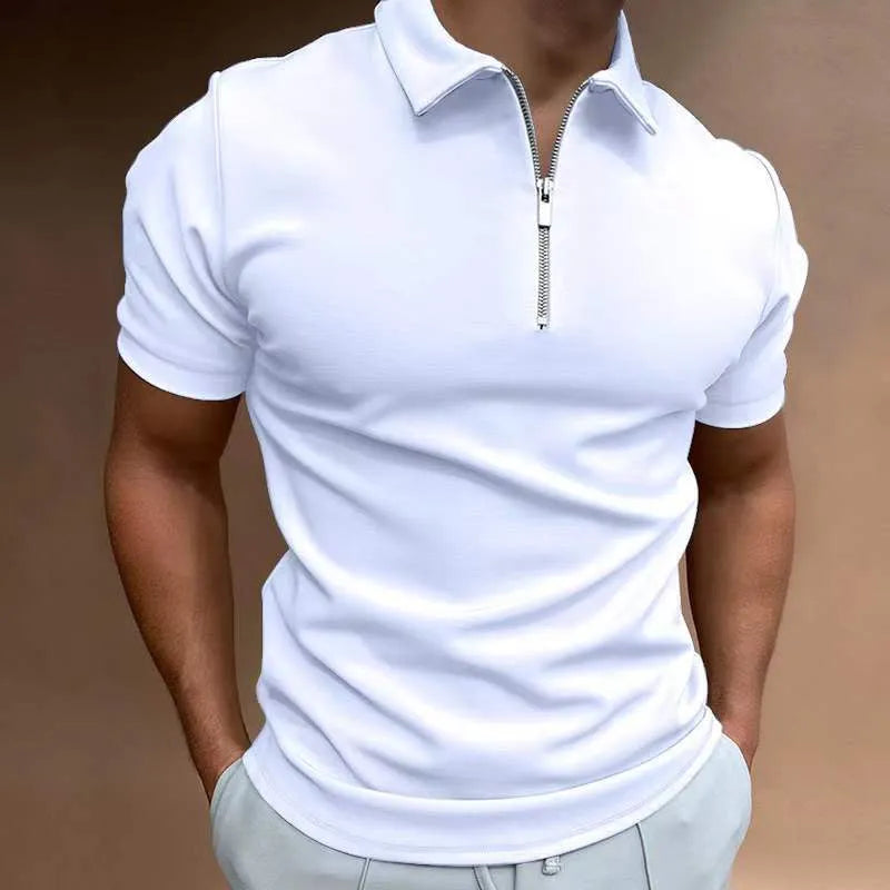 Men's casual short sleeve digital print POLO shirt in navy blue, loose fit polyester, front view