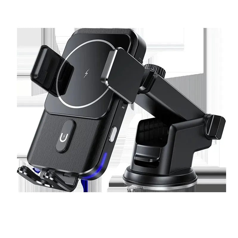 Black car wireless phone charging holder with 15W fast charging capability on vehicle dashboard