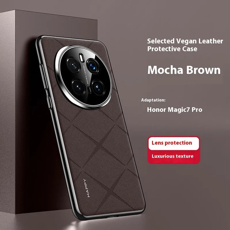 Electroplated plain leather phone case for Glory 300 in caramel mocha showing all-inclusive drop-resistant design