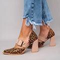 Women's leopard print pointed toe high heel sandals with belt buckle detail in suede upper